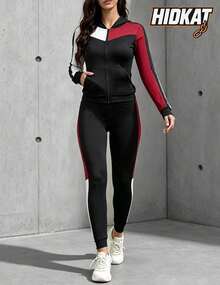 Hidkat Women's Fashion Solid Color Patchwork Hooded Zip-Up Cardigan Jacket With Pockets Long Sleeve And Yoga Sports Knit Set - Multicolor - View 1