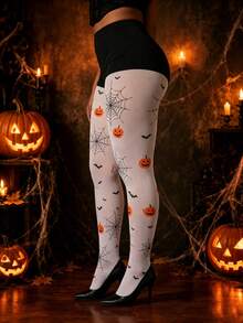 Women Plus Size Halloween Spider Web Pumpkin Bat Print Opaque Tights Pantyhose - Multicolor - View 7