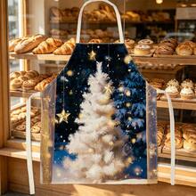 1pc Christmas Night Scene White Snow Christmas Tree Print Apron - Sleeveless Design, Durable And Comfortable Fit, Featuring Falling Snow Christmas Tree, Golden Star Decorations And Winter Night Forest Pattern, Suitable For Cooking, Baking And Home Cleaning, Household Cleaning, Housework Apron, Hand-Painted Holiday Gardening Apron, Fun Christmas Holiday Gift - Multicolor - View 4