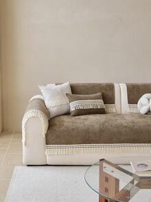1pc Solid Color Tassel French Chenille Decorative Sofa Cover, Vacation Decor Pet-Friendly Machine Washable, Living Room Bedroom Sofa Cover Old Sofa Refurbishment, Suitable For 1/2/3/4 Seat Armrest Backrest Cover - Khaki - View 3