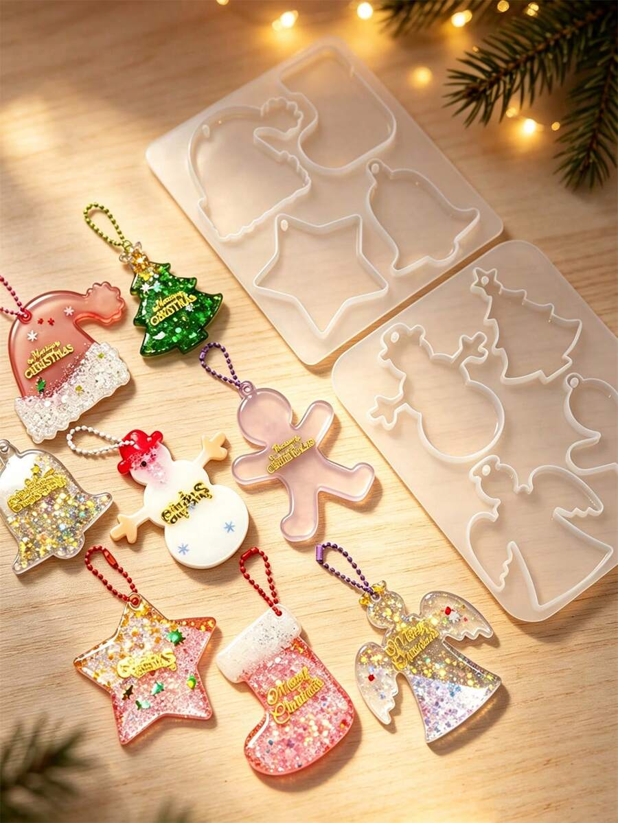 Christmas Themed 4-In-1 Hanging Pendant Silicone Mold, Hat Bell Boot Angel Shapes For Resin Gypsum Soap Listing Card, Create Xmas Tree Decor Ornaments With Snowman Gingerbread Man Elements, Flexible DIY Craft Accessory For Holiday Home Atmosphere - White Silicone Mold - View 1