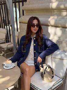 Elegant Solid Color Button Pocket Cardigan For Women, Court Academy Style, Holiday Vacation, Autumn/Winter - Blue - View 2