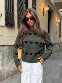 Valentine's Day Heart Pattern Loose Fit Versatile Casual Sweater - Grey - View 5