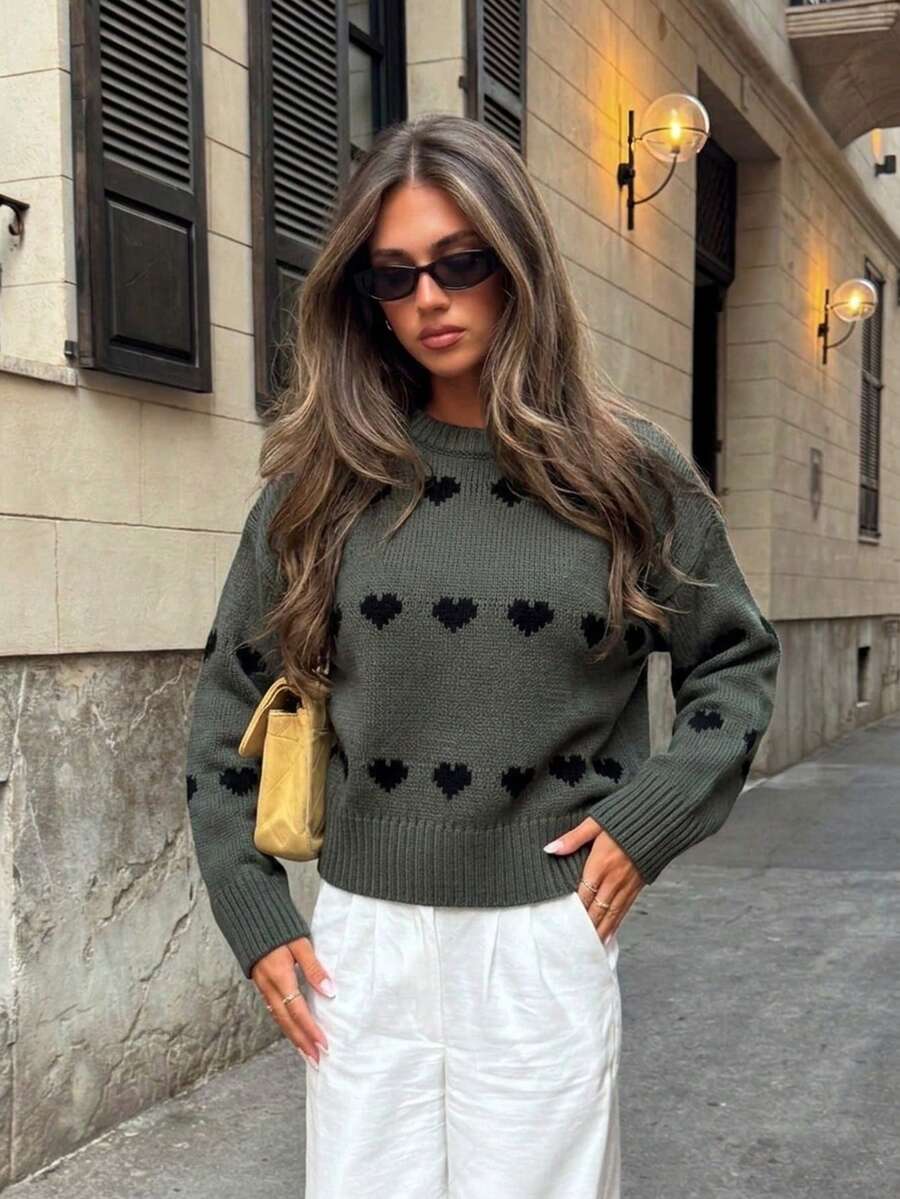Heart Pattern Crew Neck Grey Knit Sweater, Long Sleeve Relaxed Fit, Soft Warm Texture, Casual Fall Winter Outfit, Chic Valentine's Day Pullover Top - Grey - View 1