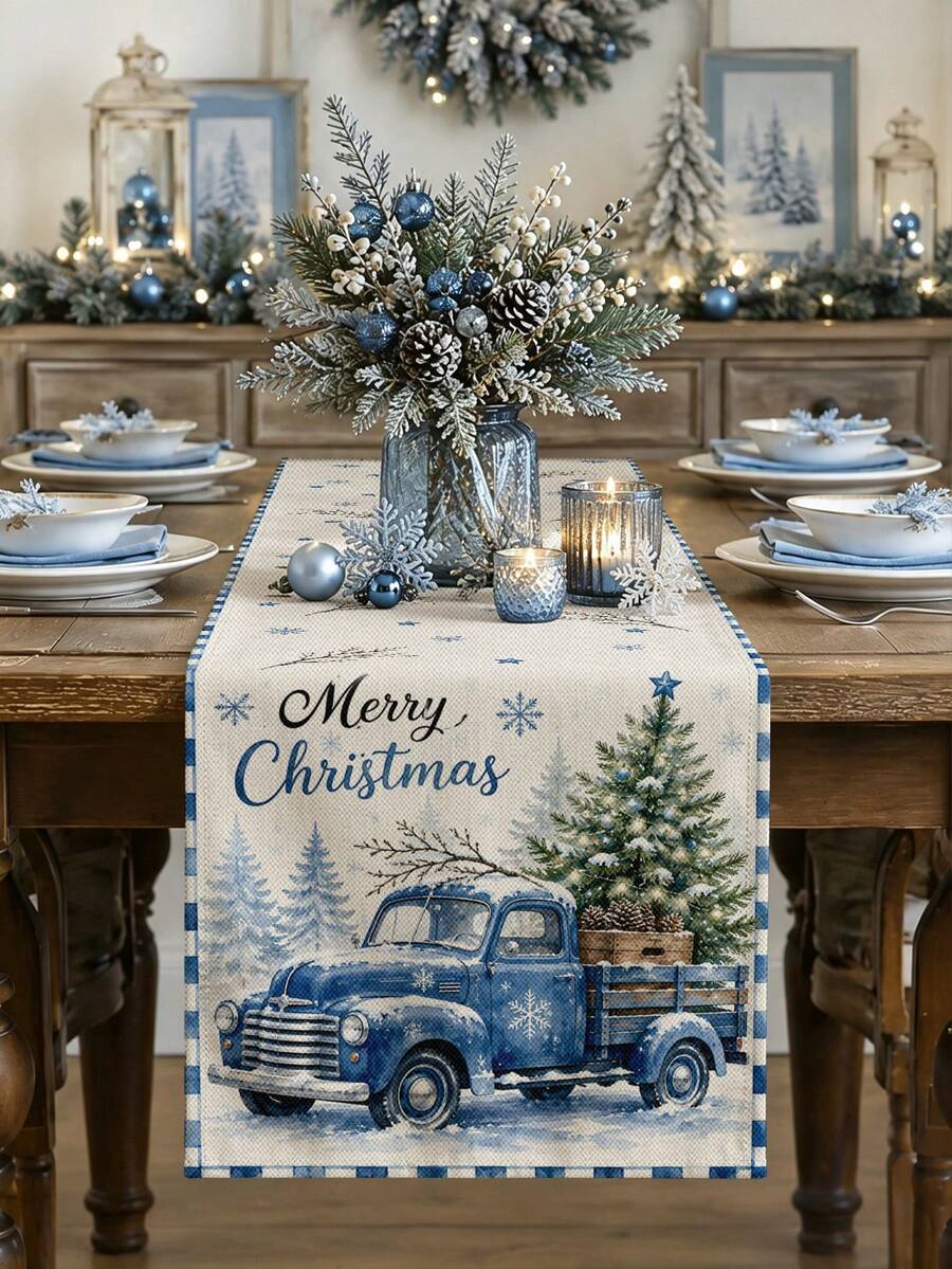 Christmas Table Runner Blue And White Striped Border Watercolor Vintage Blue Truck Snowy Pine Tree Pine Cone Wooden Box Pattern Merry Christmas Lettering Rustic Farmhouse Winter Wonderland Holiday Dining Table Decor Kitchen Party Home Indoor - Multicolor - View 1