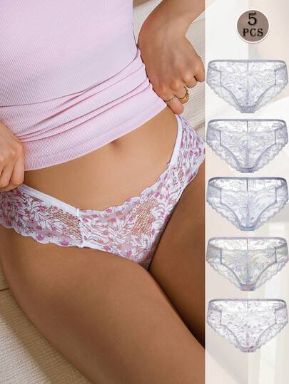 5pcs Celana Dalam Bikini Tanpa Jahitan Pinggang Rendah Motif Renda Seksi untuk Wanita, Pakaian Dalam Lembut untuk Pemakaian Sehari-hari & Olahraga Yoga.
