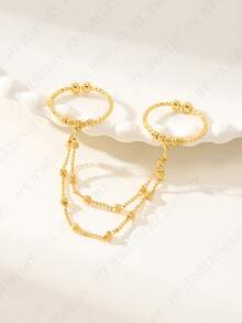 1 pieza Anillo de dedo ajustable chapado en oro de 21k, diseño de cadena con cuentas de oro y borlas, estilo árabe, chapado - resistente a la oxidación y al desvanecimiento del color. Alternativa de oro, adecuado para accesorios de boda, banquete y fiesta para mujeres - Anillo con borla de oro - Ver 3