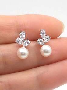 Round Pearl Earrings With Diamonds, Minimalist Style Pearl Studs, Delicate Pearl Earrings, Wedding Accessories, Bridesmaid Gift. - Silver - View 6