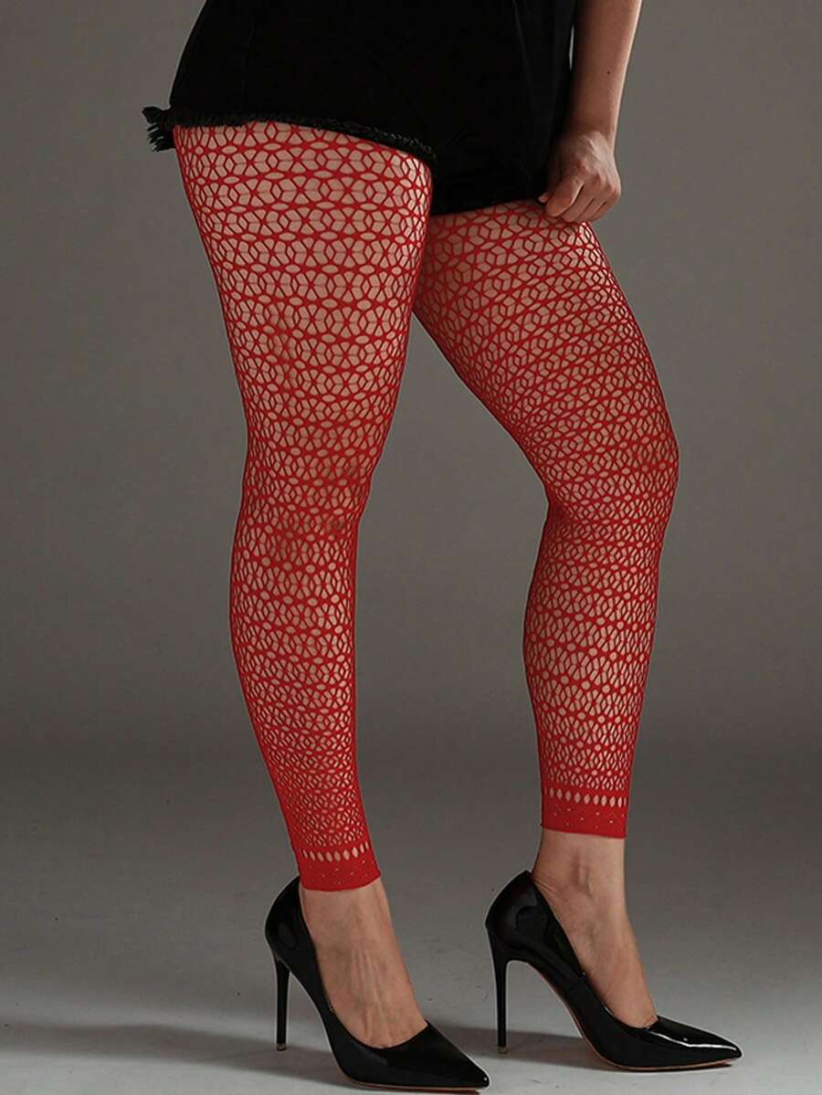 1pc Plus Size Women's Fashion Hollow-Out Jacquard Fishnet Tights, High ...