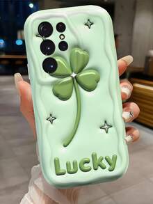 Creamy Dopamine Wave Ruffle Soft TPU Texture Green Creative Lucky Four-Leaf Clover Pattern Phone Case Compatible With Galaxy S21 S22 S23 S24 S25 S26/Honor/ And Other Models - White - View 1