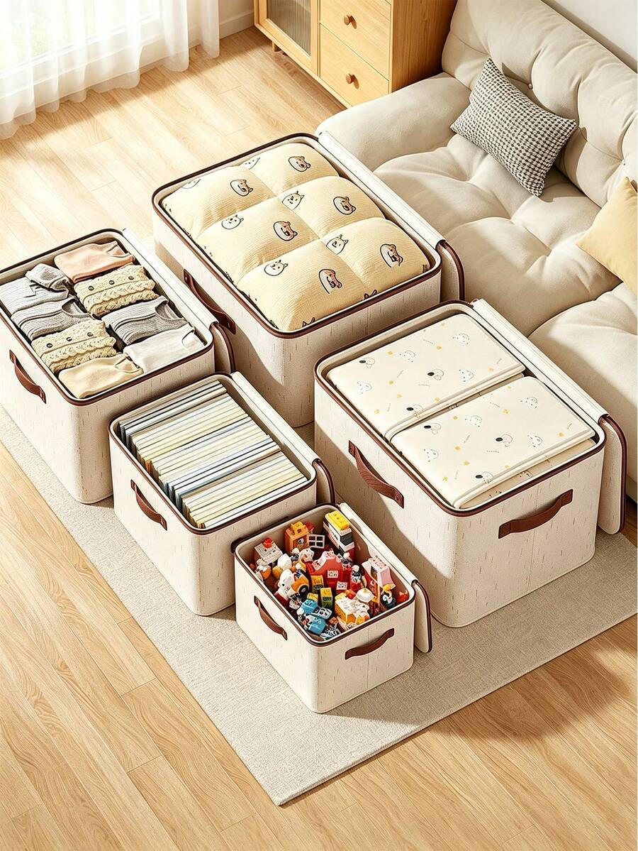 Cute Print Lidded Fabric Storage Box With Handles, Foldable Stackable ...