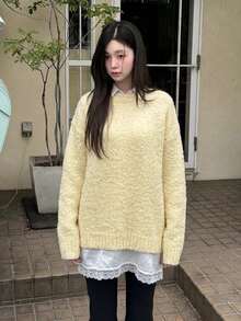 Sweater Wanita Lengan Panjang Longgar Leher Bulat Warna Polos Gaya Kampus, Musim Gugur/Dingin - Aprikot - View 5