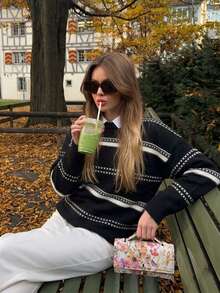 OJOK Korean Style New Round Neck Contrast Color Striped Loose Casual Women's Sweater - Black - View 5