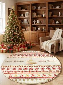 Round Burgundy Christmas Tufted Rug Checkered Border Snowman Gingerbread Gift Candy Cane Plush Rug - Multicolor - View 2