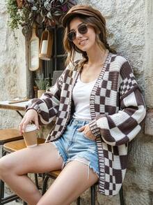 Brown Plaid Pattern Cardigan - Brown - View 2