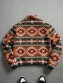 GOLDREDY Men's Autumn/Winter Vintage Geometric Pattern Warm Full Zip-Up Stand Collar Pocket Sweatshirt - Orange - View 4