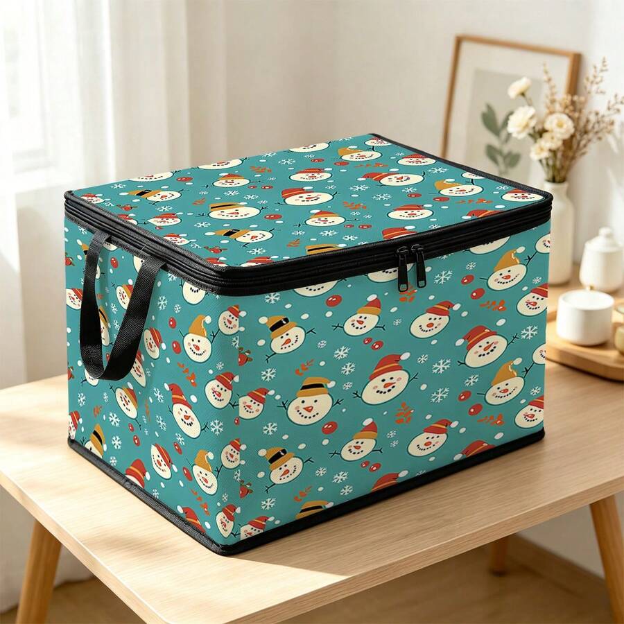1pc 2DFat. Thickened Foldable Zipper Storage Box, Green Cartoon Snowman Full Print Design, Can Store Clothes, Bedding, Nail Tools, Holiday Miscellaneous Items, Fits Under Bed, Suitable For Bookshelf Organization, Car Trunk Storage, Cosmetics, Hair Styling Tools, Office, Home Organization, Blankets, Daily Small Items Large Capacity Storage, Wardrobe Placement And Moving Packing, Zipper Closure Secure Handle Reinforced Weight-Bearing Durable - Multi-color - View 1