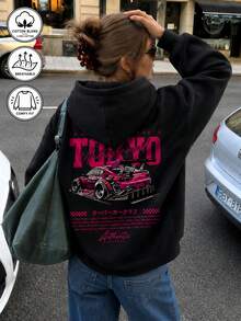 女款秋冬新款簡約Ins風橘色跑車字母印花休閒時尚百搭保暖內裡衛衣 - 黑色 - 查看 3