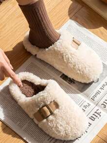 Women's Solid Color Slip-On Thermal Lined Anti-Slip Flat Fashion Versatile Home Slippers Suitable For Autumn/Winter - White - View 4