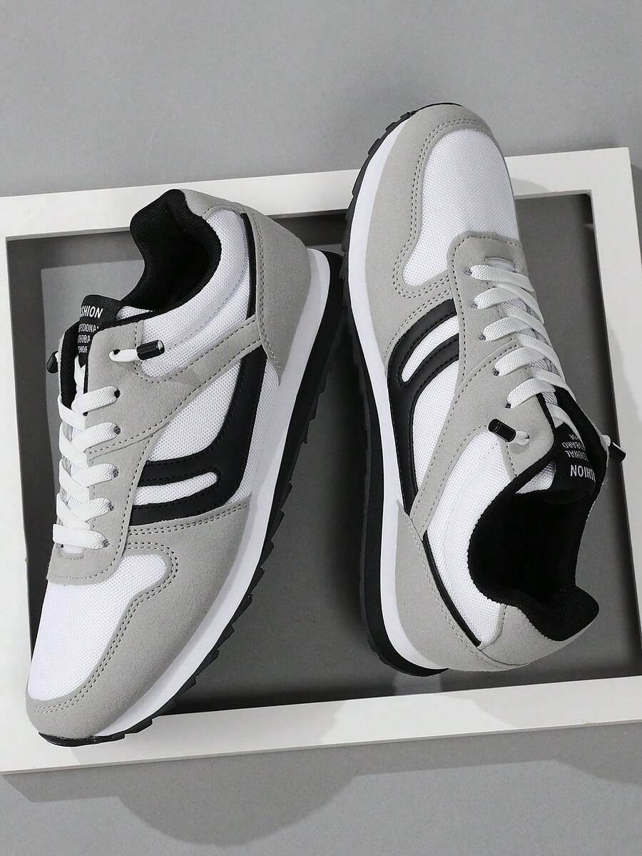 Men's White Grey And Black Color Block Mesh Slip-On Sneakers, Elastic Band Easy On And Off Retro Running Daily Walking Shoes, Also Suitable For Women - white ash - View 1