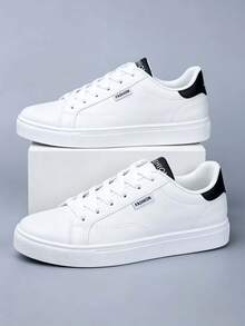 1 Pair Fashion Men's Sports Shoes, Casual White Sneakers, Campus Men's Shoes, Comfortable Non-Slip White Shoes With Front Lace Design, PU Material Suitable For All Seasons - Black and White - View 1