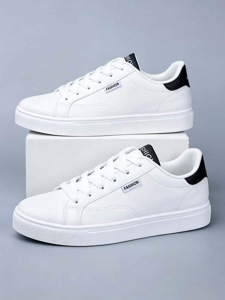 1 Pair Fashion Men's Sports Shoes, Casual White Sneakers, Campus Men's Shoes, Comfortable Non-Slip White Shoes With Front Lace Design, PU Material Suitable For All Seasons - Black and White - View 1