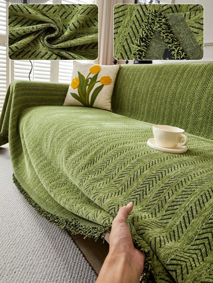 1pc Chenille Sofa Throw Blanket, Striped Pattern, Soft & Durable, Pet Friendly, Machine Washable, 100% Polyester, With Sofa Protector Cover, Suitable For Bedroom, Living Room, Home Decor