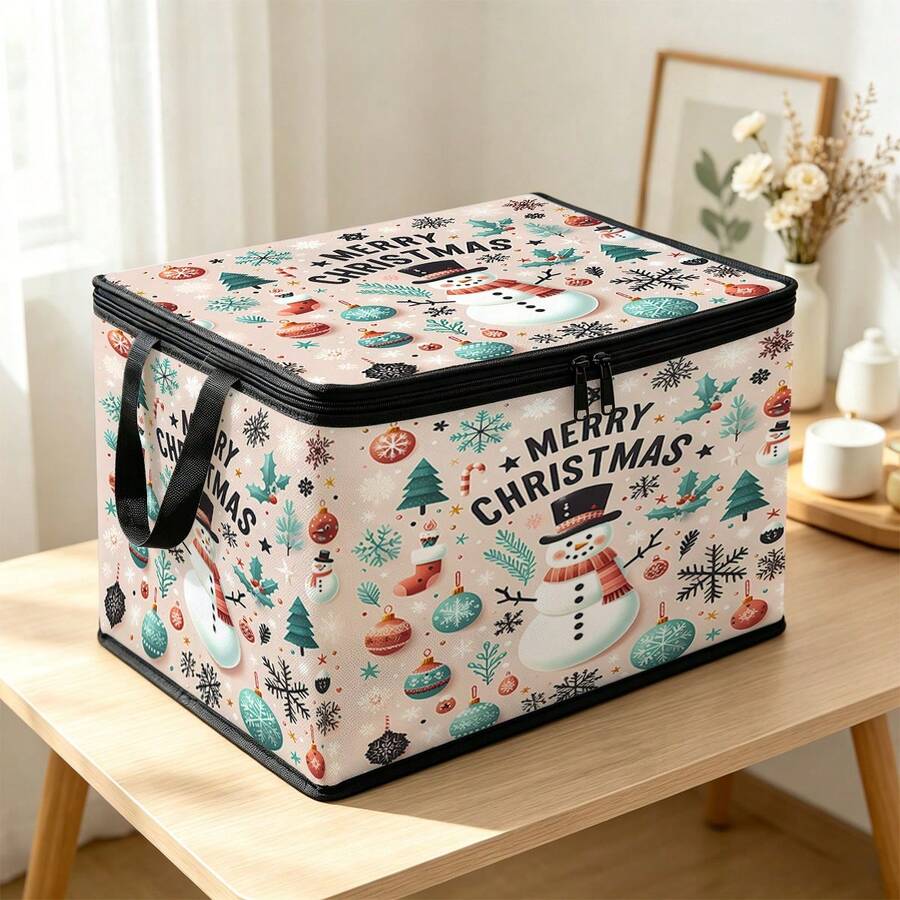 1pc 2DFat. Thickened Foldable Zipper Storage Box, Light Pink Gentle Snowman Christmas Full Print Design, Can Store Clothes, Bedding, Nail Tools, Holiday Sundries, Fits Under Bed, Suitable For Book Organization, Car Trunk Storage, Cosmetics, Hair Styling Tools, Office, Home Organization, Blankets, Daily Small Items Large Capacity Storage, Wardrobe Placement And Moving Packing, Zipper Closure Secure Reinforced Handle Durable - Multi-color - View 1