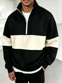 ZYNTH BALENO Men's Spring/Summer Patchwork Zip-Up Sweatshirt, Suitable For Sports, Classic Solid Color Long Sleeve Black - Black - View 2