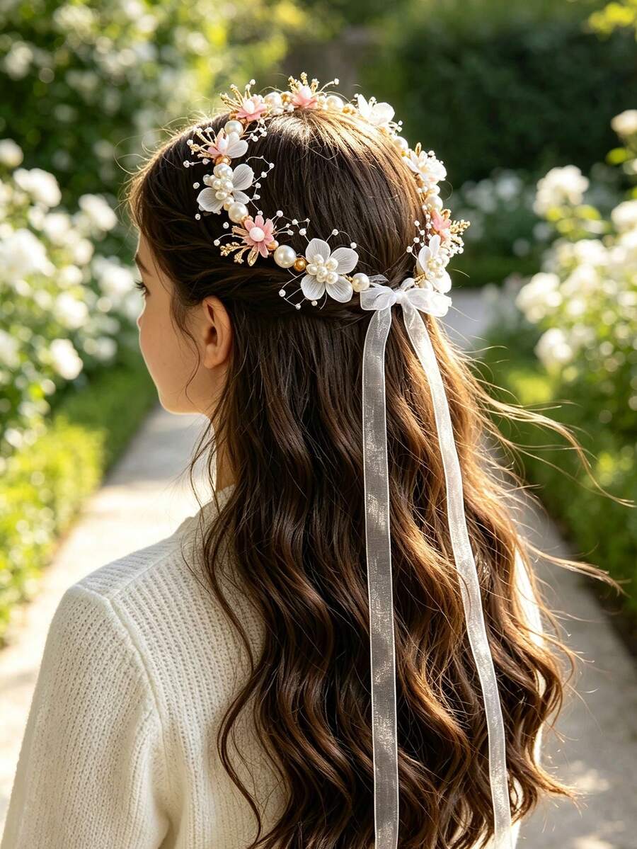 1pc Handmade Pink Flower Pearl Floral Headband, Tulle Floral Crown With Long Ribbon, Elegant Girls Floral Hair Accessory, Suitable For Birthday Party, Photography - Multicolor - View 1