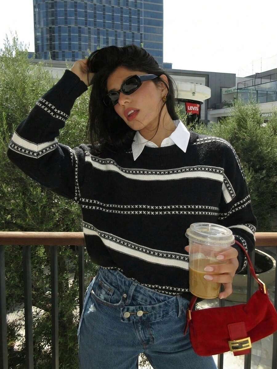 OJOK Korean Style New Round Neck Contrast Color Striped Loose Casual Women's Sweater - Black - View 1