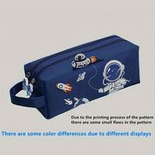 1pc Blue Astronaut Portable Pencil Case, Cute Stationery Bag, Student Supplies Storage Bag, Office Double Layer Large Capacity Canvas Pencil Box, Desktop Organizer, Random Color, Random Packaging - A - View 6