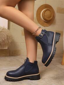 Women's Casual British Style Ankle Boots, Spring/Autumn Leather Belt Buckle Boots - Navy Blue - View 2