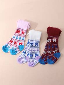 3 Pairs Vintage Floral Pattern Tights For Baby Girls, Soft Skin-Friendly Big Bottom Crotch Leggings, Versatile Holiday Outfit Tights - Multicolor - View 6