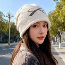 1pc Elegant Cute Bow Acrylic Fine Fleece New Style Knitted Beanie Hat For Women, Large Head Circumference, Warm Ear Protection Slouchy Hat, Spring Autumn Winter - One Size Fits All - View 7