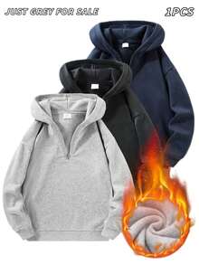 Men's Solid Color Casual Half-Zip Hooded Loose Sweatshirt, 2026 Autumn/Winter Commute Outfit, Long Sleeve Top - Light Grey - View 1