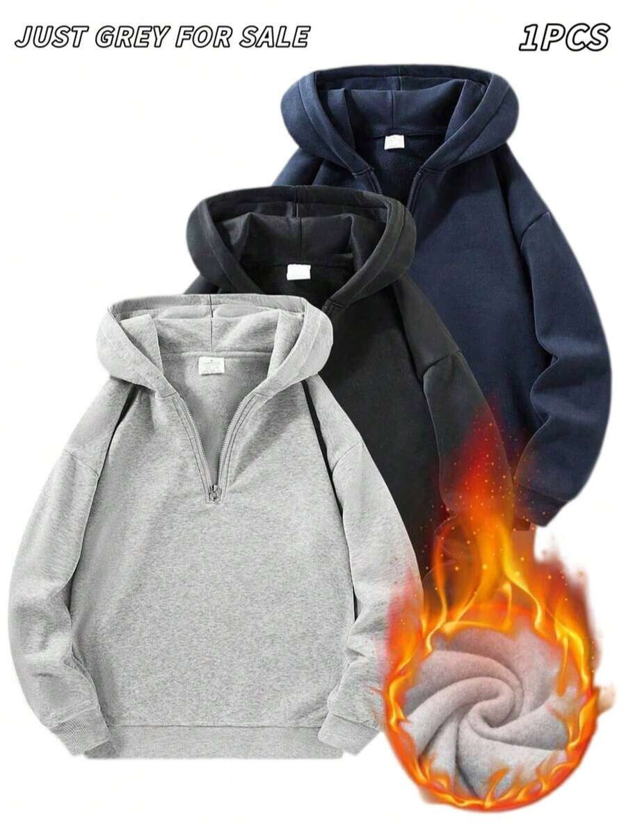 Men's Solid Color Casual Half-Zip Hooded Loose Sweatshirt, 2026 Autumn/Winter Commute Outfit, Long Sleeve Top - Light Grey - View 1