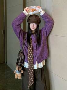 Solid Color Round Neck Cuffed Single-Breasted Knit Cardigan, Casual Commute Lazy Style Sweater Jacket - Purple - View 6