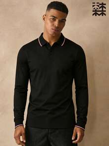 Mulinsen Men's Contrast Color Webbing Collar Long Sleeve Polo Shirt, Black Smooth Skin-Friendly Fabric, Red And White Double Line Trim On Collar And Cuffs, Minimalist Commuter Style, Versatile Long Sleeve Top - Black - View 5