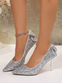 Glitter Silver Bow New Chinese Style Fabric Glitter 2026 Fashion High Heel Pumps Outdoor All Seasons - Silver - View 6