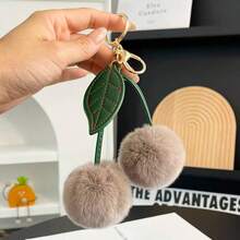 Cute Cherry Faux Rabbit Fur Ball Bag Charm, Leather Leaf Plush Cherry Keychain, Soft Girly Bag Pendant Decoration, Small Gift For Best Friend Birthday And Holiday - Multicolor - View 6