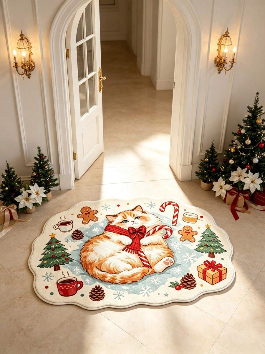 1pc Christmas Bow Oval Cat Asymmetrical Shaped Mat, Suitable For Autumn/Winter, Halloween, Christmas, Door Mat, Small Rug, Carpet, Floor Mat, Home Decor, Area Rug, Outdoor Mat, Bedroom Carpet, Washable - C - View 1