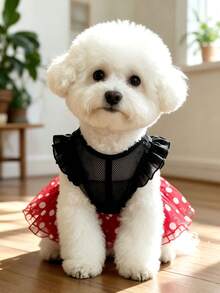 1pc M Size Dog Cat Vintage Dress Red Polka Dot Black Mesh, Ruffle Flutter Sleeve Suspender Strap Satin Bow Tulle Tutu Skirt, Cute Retro For Spring Summer Party Birthday Photo Shoot, Suitable For 3-4kg - Multicolor - View 1