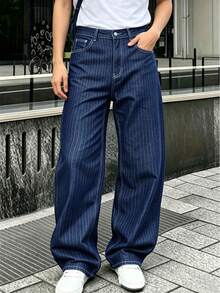 LIYS Men's Blue Wash Pinstripe Striped Wide Leg Jacquard Jeans - Blue - View 4