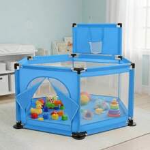 Corralito Hexagonal para Bebé 135 x 64 cm, Parque Infantil con Gimnasio de Juegos, Área Amplia para Gatear, Jugar y Explorar - Azul - Ver 1