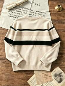 Boys Striped Pattern Crew Neck Knit Sweater Long Sleeve Casual Preppy Pullover For Fall Winter School Daily Wear - Apricot - View 4