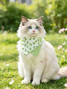 1pc Pet Cat Dog Double Layer Triangle Bandana Collar, Adjustable Green White Plaid Pet Scarf, Fresh Pastoral Style Double-Sided Design, Suitable For Cats, Teddy, Small Dogs, Photo Decoration Accessory - Multicolor - View 12