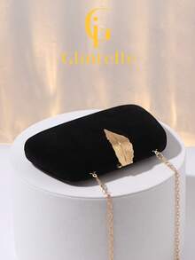 Black Velvet Leaf-Shaped Clutch, Luxury Gold Hardware Evening Bag, Detachable Chain Shoulder Strap, Suitable For Formal Party/Wedding/Date Night Accessory - Black - View 8