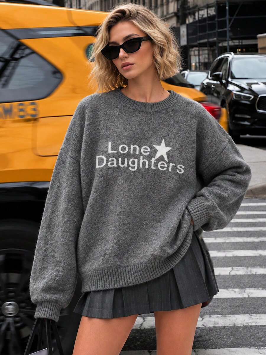 Women's New Autumn/Winter Knit Crew Neck Pullover Sweater With "Lone Daughters" Letter Pattern, Casual Commute College Style Knit Sweater - Grey - View 1