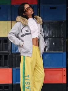 2026 Women's Faux Fur Collar Full Zip Hoodie Sweatshirt With California Graphic, Loose Casual Jacket For Daily And Weekend Wear - Multicolor - View 4